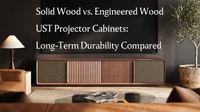 Wooden UST projector cabinet in a modern living room, introducing solid wood vs engineered wood durability for long-term projector cabinet use.