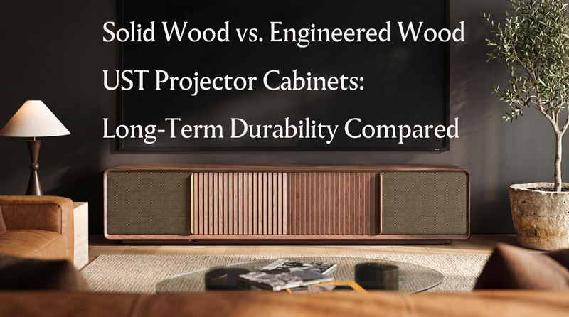 Wooden UST projector cabinet in a modern living room, introducing solid wood vs engineered wood durability for long-term projector cabinet use.