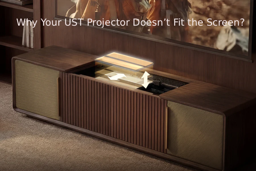 UST projector cabinet with adjustable platform, showing projector alignment arrows beneath a home theater screen for explaining screen fit issues.