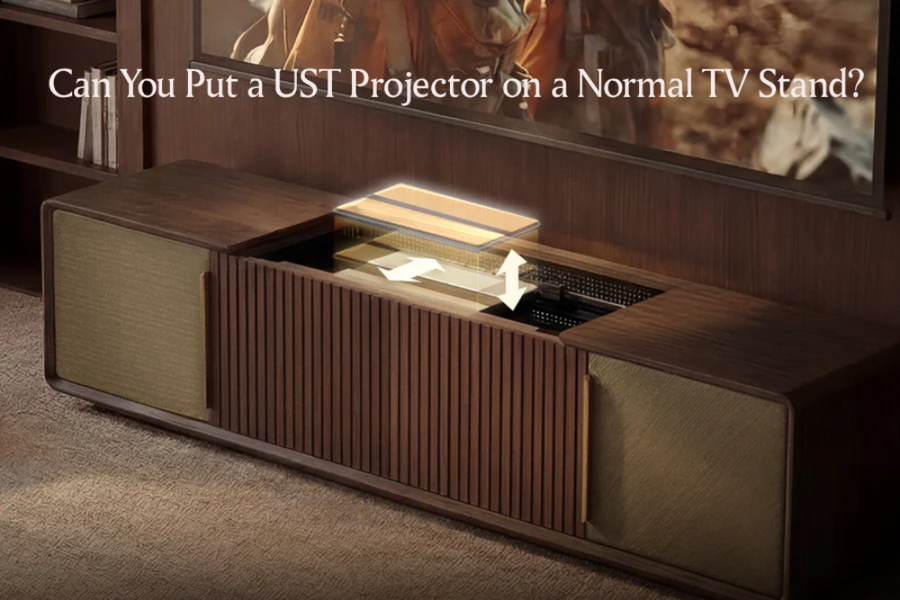 UST projector cabinet with adjustable platform beneath a large screen, showing a concealed projector setup for a clean home theater media console
