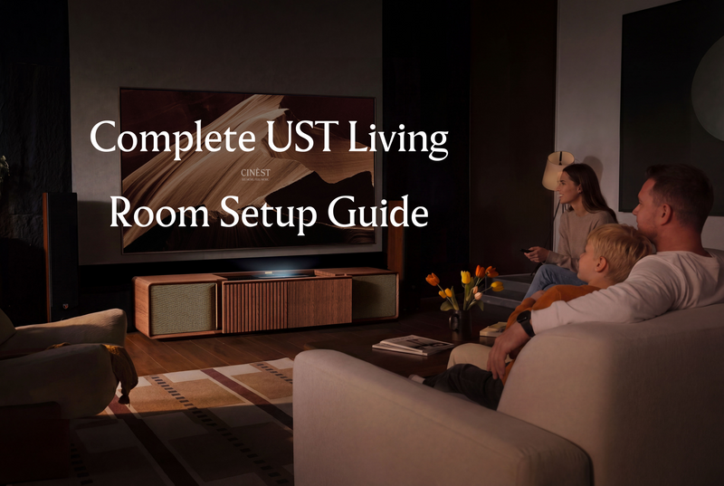 Family watching a large screen in a living room with a UST projector cabinet, showing a complete ultra short throw projector setup.