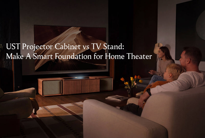 Family watching a large screen above a UST projector cabinet, comparing purpose-built home theater furniture with a regular TV stand setup.
