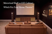 Home theater room with a UST projector cabinet beneath a large screen, comparing a motorized shelf with an integrated cabinet setup.