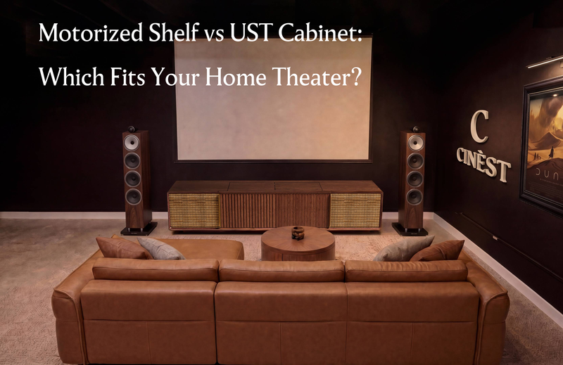 Home theater room with a UST projector cabinet beneath a large screen, comparing a motorized shelf with an integrated cabinet setup.