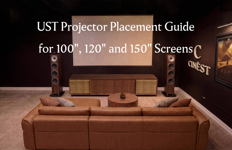 Home theater room with a UST projector cabinet beneath a large screen, illustrating projector placement for 100-inch, 120-inch, and 150-inch screens.