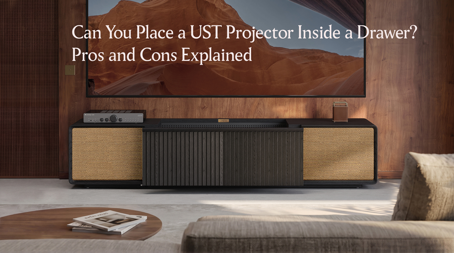  UST projector media console in a modern living room, with large screen display and title text about drawer placement pros and cons.