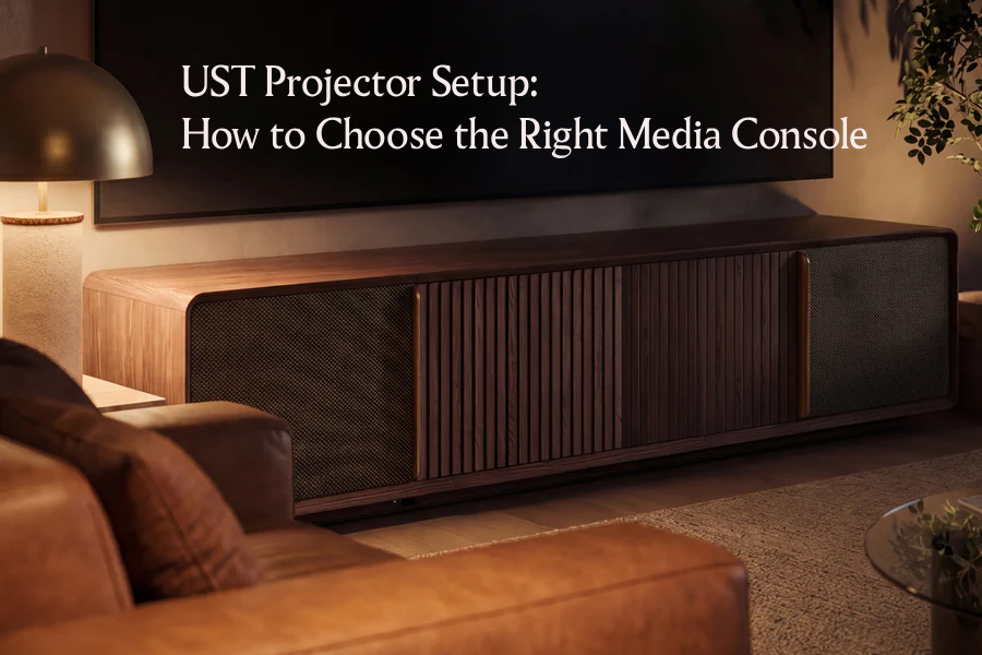 Warm living room theater with UST projector media console beneath a large screen, blending hidden storage, acoustic mesh, and premium home decor.