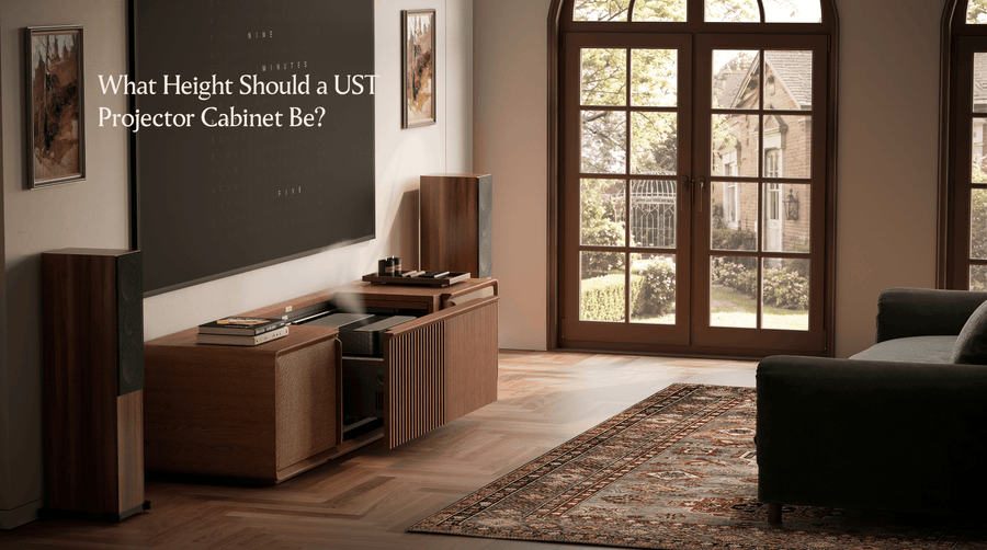 Elegant living room with UST projector cabinet beneath a large screen, showing concealed projector storage and adjustable setup for clean home theater viewing.