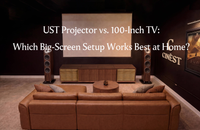 Home theater room with a UST projector cabinet beneath a large projection screen, introducing a UST projector vs 100-inch TV comparison for big-screen home viewing.