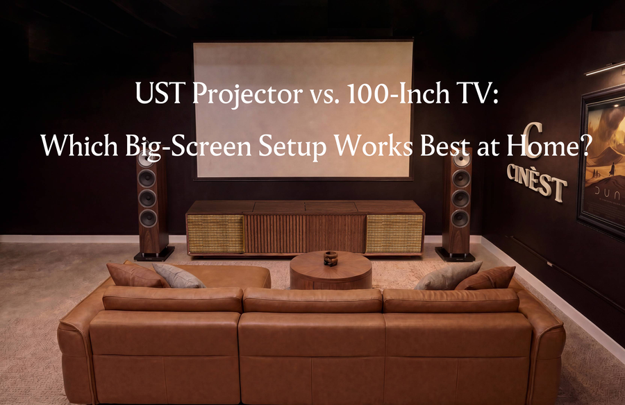 Home theater room with a UST projector cabinet beneath a large projection screen, introducing a UST projector vs 100-inch TV comparison for big-screen home viewing.