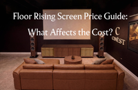Home theater room with a floor-rising screen and UST projector cabinet, introducing cost factors in a floor rising screen price guide.