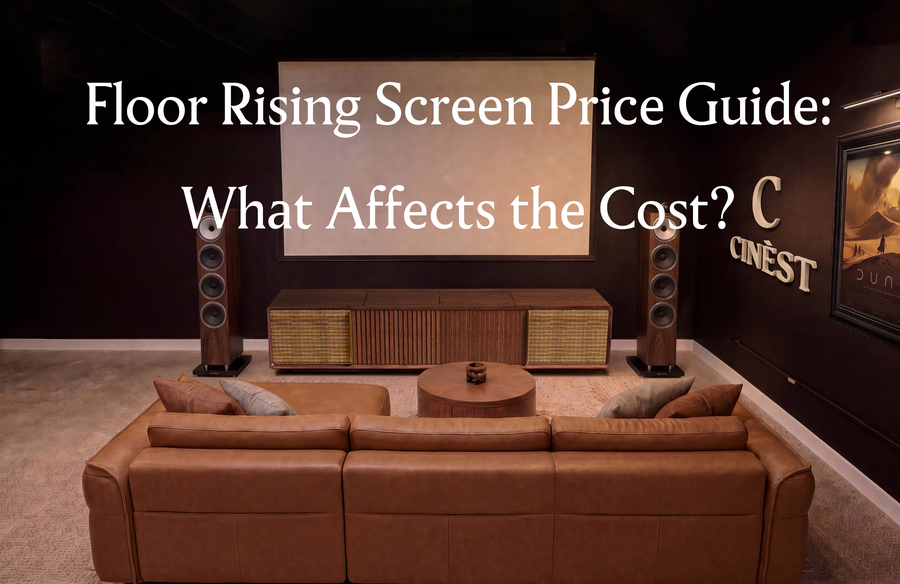 Home theater room with a floor-rising screen and UST projector cabinet, introducing cost factors in a floor rising screen price guide.