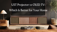 Wooden UST projector cabinet beneath a large screen, introducing a UST projector vs OLED TV comparison for home theater viewing.