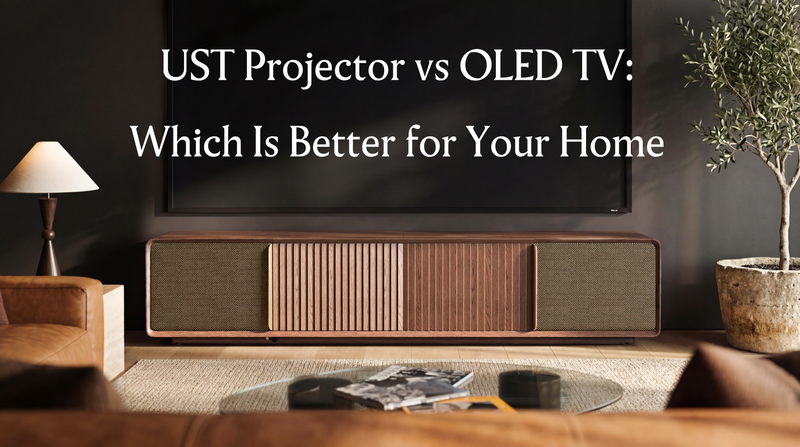 Wooden UST projector cabinet beneath a large screen, introducing a UST projector vs OLED TV comparison for home theater viewing.