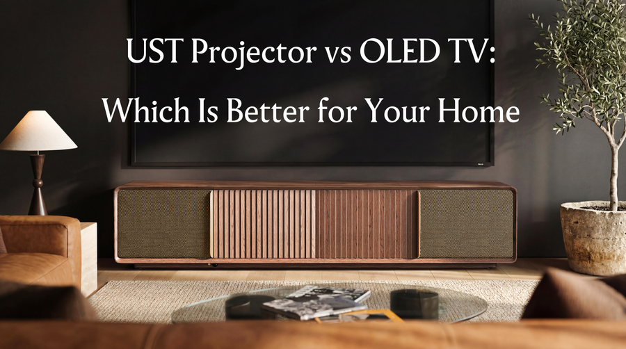 Wooden UST projector cabinet beneath a large screen, introducing a UST projector vs OLED TV comparison for home theater viewing.