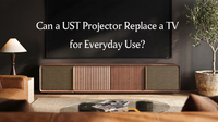 UST projector cabinet with a large projection screen in a modern living room, exploring whether a UST projector can replace a TV for everyday use