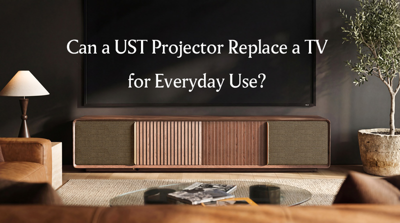 UST projector cabinet with a large projection screen in a modern living room, exploring whether a UST projector can replace a TV for everyday use