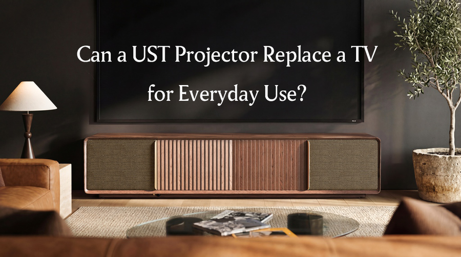 UST projector cabinet with a large projection screen in a modern living room, exploring whether a UST projector can replace a TV for everyday use