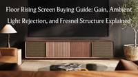 Wooden UST projector cabinet beneath a large screen, introducing a floor rising screen buying guide for gain, ambient light rejection, and Fresnel structure.