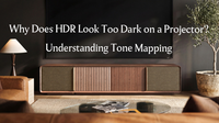 UST projector cabinet in a modern home theater setup, exploring why HDR looks dark on projectors and how tone mapping improves image quality