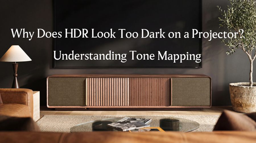 UST projector cabinet in a modern home theater setup, exploring why HDR looks dark on projectors and how tone mapping improves image quality