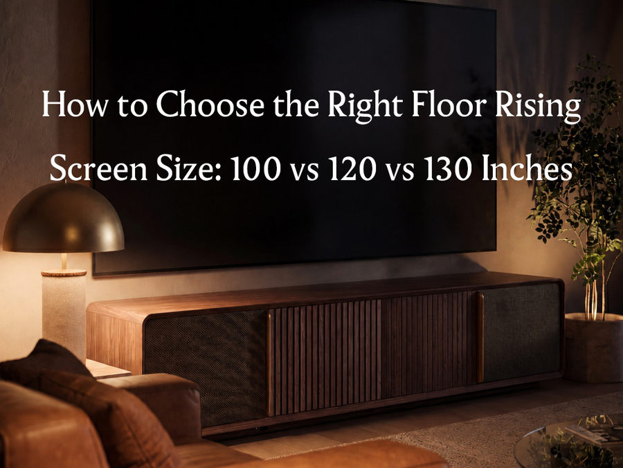 Modern home theater featuring a UST projector console and floor rising screen design