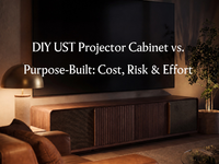 UST projector cabinet in a modern home theater setup comparing DIY solutions with a purpose-built cabinet design