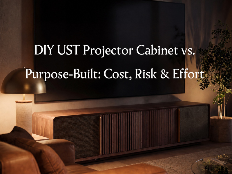 UST projector cabinet in a modern home theater setup comparing DIY solutions with a purpose-built cabinet design