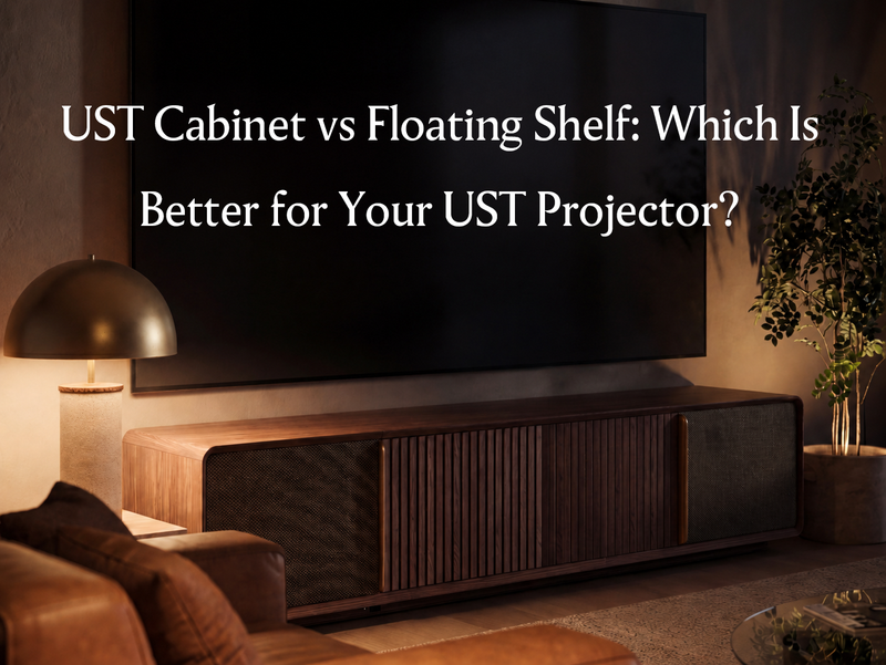 Wooden UST projector cabinet beneath a large screen, introducing a UST cabinet vs floating shelf comparison for ultra short throw projector placement.