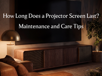 Wooden UST projector cabinet beneath a large screen, introducing projector screen lifespan, maintenance, and care tips for a home theater setup.