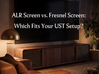 Wooden UST projector cabinet beneath a large screen, introducing an ALR screen vs Fresnel screen comparison for ultra short throw projector setups.