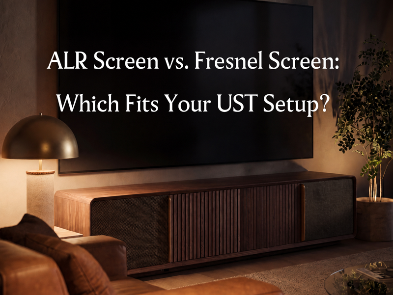 Wooden UST projector cabinet beneath a large screen, introducing an ALR screen vs Fresnel screen comparison for ultra short throw projector setups.