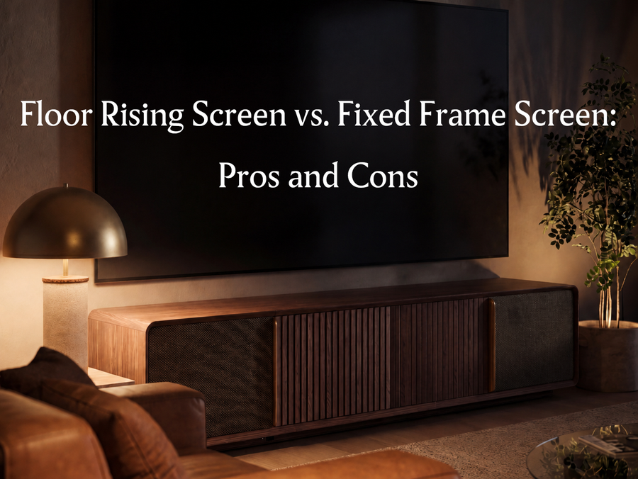 Wooden UST projector cabinet beneath a large screen, introducing a floor rising screen vs fixed frame screen comparison for home theater setups.