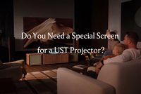 Modern living room with a UST projector cabinet and projection screen, explaining the need for a specialized screen for UST projector performance