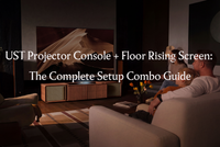 Modern home theater featuring a UST projector console paired with a floor rising screen, creating a clean and immersive cinematic viewing space