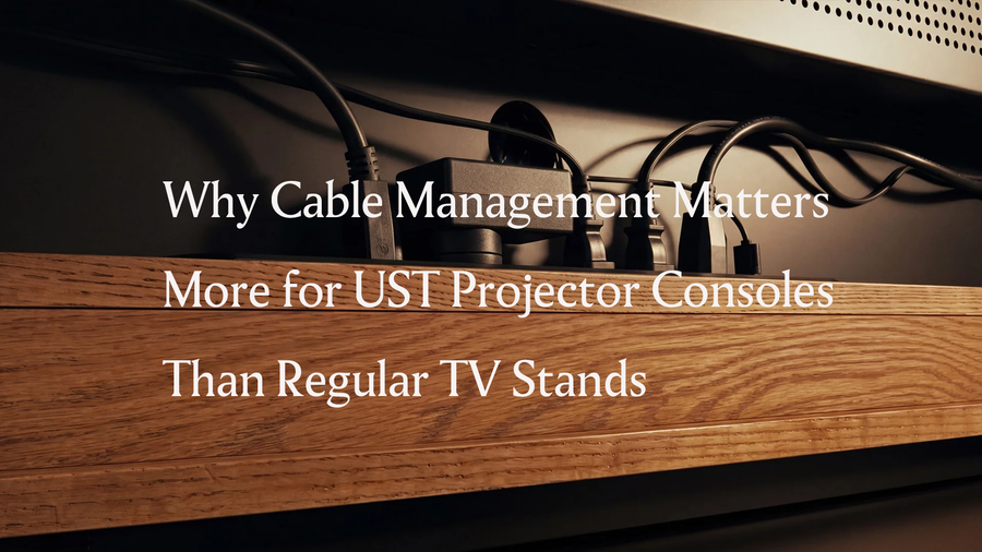Hidden power strip and cables inside a wooden UST projector console, showing why cable management matters more for UST setups than regular TV stands.