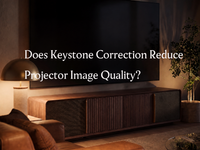 UST projector cabinet in a modern home theater setup, explaining the impact of keystone correction on projector image quality and viewing experience
