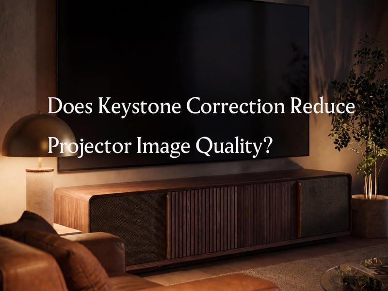 UST projector cabinet in a modern home theater setup, explaining the impact of keystone correction on projector image quality and viewing experience