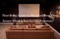 Luxury home theater with floor rising screen and UST projector console