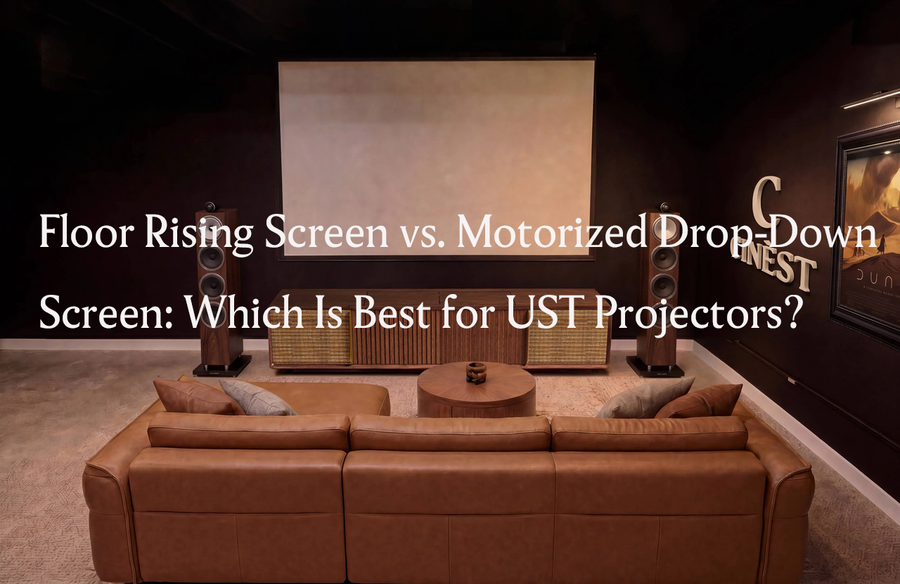 Luxury home theater with floor rising screen and UST projector console