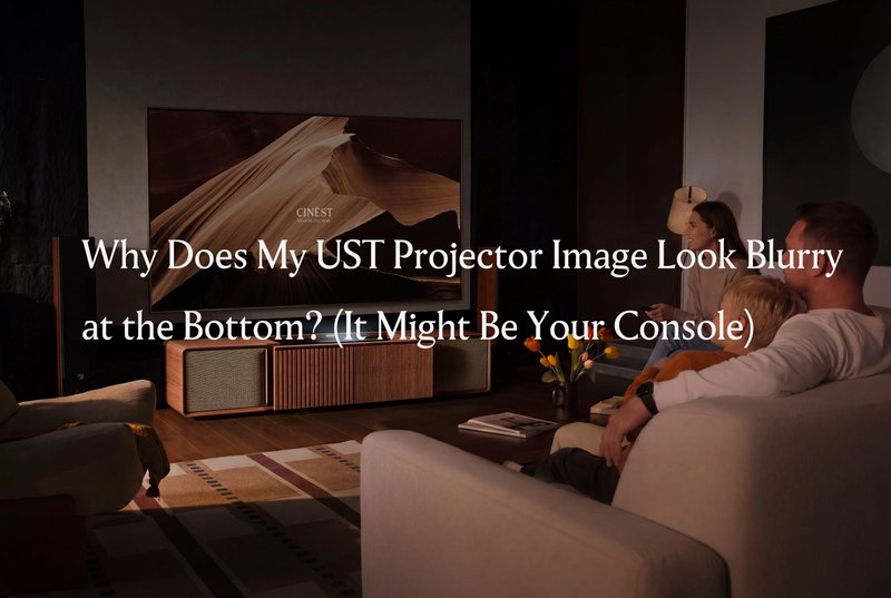 Family watching a large screen above a wooden UST projector cabinet, introducing bottom image blur issues caused by projector console placement.