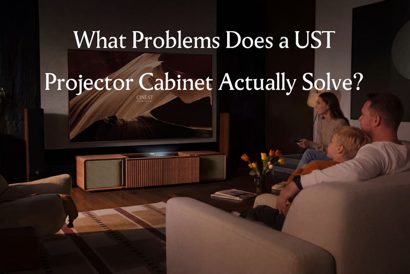 Modern living room with a UST projector cabinet, projector screen, and organized home theater setup