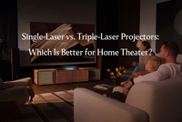Modern home theater with a UST projector cabinet and large screen, featuring a cinematic viewing experience for projector technology comparison