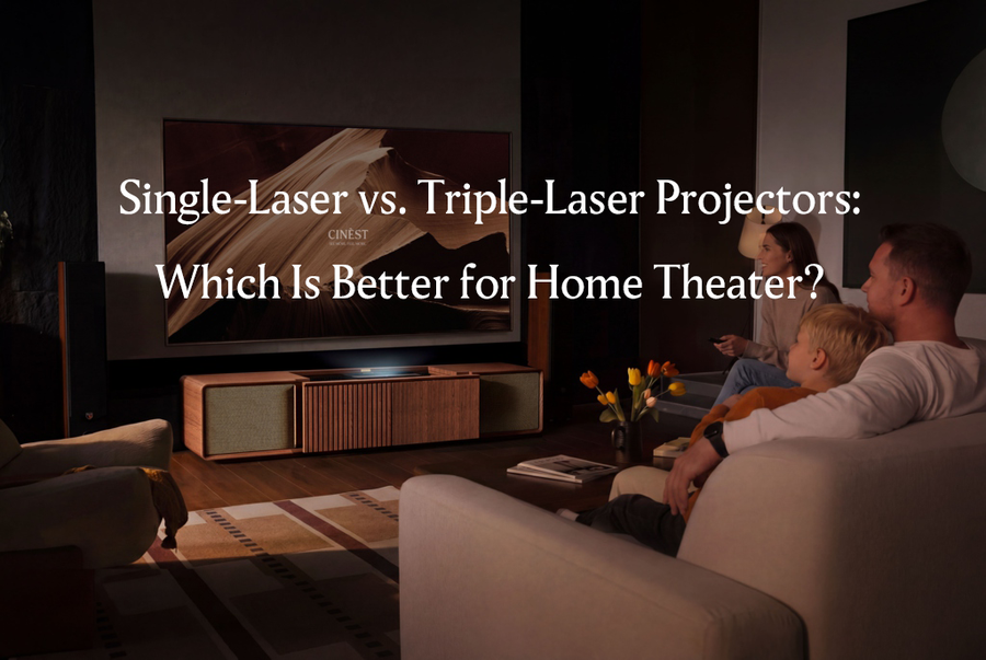Modern home theater with a UST projector cabinet and large screen, featuring a cinematic viewing experience for projector technology comparison