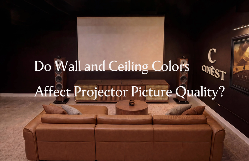 Professional home theater setup with a UST projector cabinet, exploring the impact of wall and ceiling colors on projector picture quality