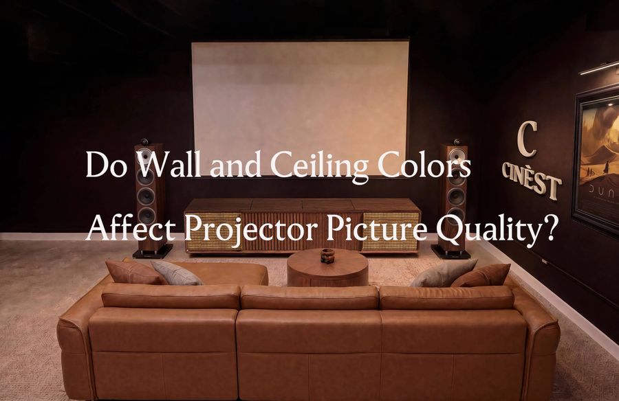 Professional home theater setup with a UST projector cabinet, exploring the impact of wall and ceiling colors on projector picture quality