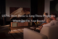 Modern living room with a UST projector cabinet and large screen, comparing UST, short throw, and long throw projector setups