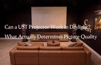 UST projector cabinet in a home theater environment, illustrating factors that determine daytime projector performance and picture quality