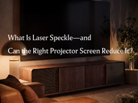UST projector cabinet in a modern home theater setup, illustrating laser speckle reduction through the use of optimized projector screens