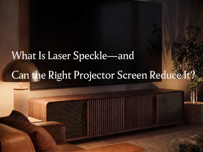 UST projector cabinet in a modern home theater setup, illustrating laser speckle reduction through the use of optimized projector screens